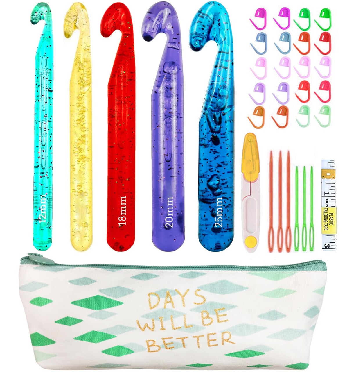 5 Large Crochet Hook,25mm 20mm 18mm 15mm 12mm Size Crochet Hook, Large Crochet Hook for Chunky Yarn,24PCS Big Crochet Hook,10mm-25mm Crochet Hook with Case (Colourful)